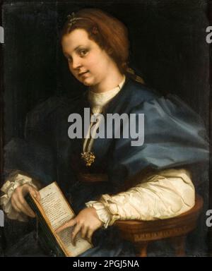 Andrea del Sarto, Lady with a book of Petrarch's rhyme, portrait painting in oil on panel, 1528 Stock Photo
