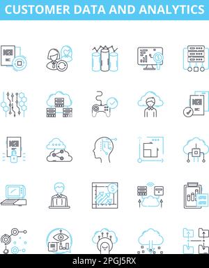 Customer data and analytics vector line icons set. customer, data, analytics, insights, profiling, segmentation, retention illustration outline Stock Vector