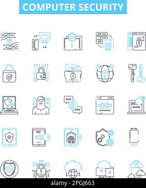 Computer security vector line icons set. Antivirus, Firewall, Encryption, Patching, Phishing, Malware, Vulnerability illustration outline concept Stock Vector