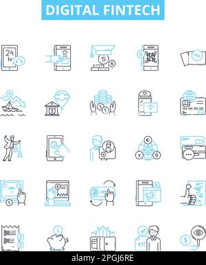 Digital fintech vector line icons set. Fintech, Digital, Payments, Blockchain, Crypto, Banking, Investment illustration outline concept symbols and Stock Vector
