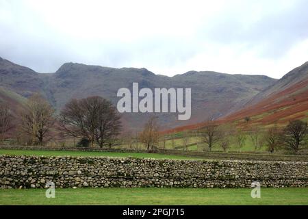 The Mickleden Valley and the Wainwright 'Rossett Pike' with 'Buck Pike' & 'Black Crag' from Great Langdale, Lake District National Park, Cumbria, UK. Stock Photo