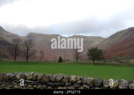 The Mickleden Valley and the Wainwright 'Rossett Pike' with 'Buck Pike' & 'Black Crag' from Great Langdale, Lake District National Park, Cumbria, UK. Stock Photo