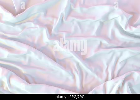 The texture of crumpled silk white fabric, top view. White satin wavy surface. Above the light shiny fabric. Stock Photo