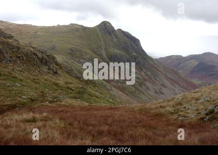 The Wainwright Pike of Stickle and the Langdale Pikes from Little Gill Head in the the Mickleden Valley, Cumbria,  England, UK Stock Photo