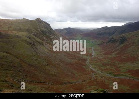 The Wainwright Pike of Stickle & Langdale Pikes above the Mickleden Valley from the Summit of Black Crags, Lake District National Park, Cumbria, UK. Stock Photo