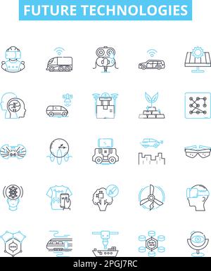 Future technologies vector line icons set. AI, Robotics, BigData, Blockchain, Cybersecurity, Quantum, Augmented illustration outline concept symbols Stock Vector