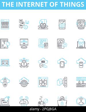 the Internet of Things vector line icons set. IoT, Smart, Connected, Automation, Wearables, AI, Sensors illustration outline concept symbols and signs Stock Vector