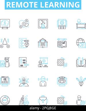 Remote learning vector line icons set. Remote, Learning, Online, Education, Teleclass, Videoconferencing, Webinar illustration outline concept symbols Stock Vector