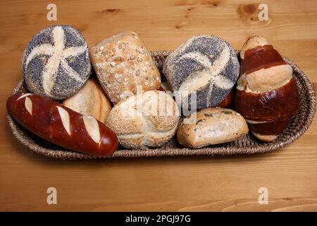 various fresh bread rolls in a basket Stock Photo
