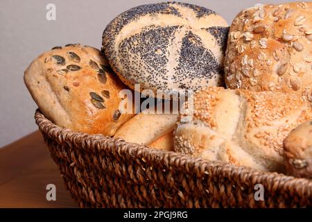 basket with various fresh bread rolls Stock Photo