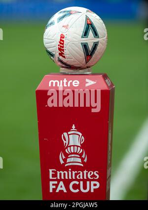 The Mitre Ultimate Pro, the official Emirates FA Cup match ball before the Brighton and Hove Albion v Grimsby Town Emirates FA Cup Quarter Final match at the American Express Community Stadium, Brighton 19th March 2023 Stock Photo