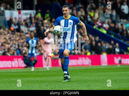 Brighton captain Lewis Dunk during the Brighton and Hove Albion v Grimsby Town Emirates FA Cup Quarter Final match at the American Express Community Stadium, Brighton 19th March 2023 Stock Photo