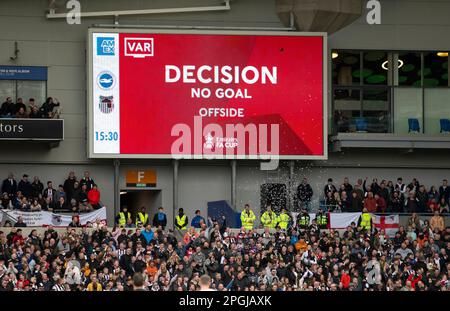 VAR rules a goal offside  during the Brighton and Hove Albion v Grimsby Town Emirates FA Cup Quarter Final match at the American Express Community Stadium, Brighton 19th March 2023 Stock Photo