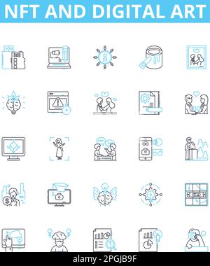 NFT and digital art vector line icons set. NFT, Digital, Art, Cryptocurrency, Blockchain, Digitalized, Marketplace illustration outline concept Stock Vector