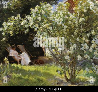 Roses. Marie Krøyer seated in the deckchair in the garden by Mrs Bendsen's house 1893 by  Peder Severin Kroyer Stock Photo