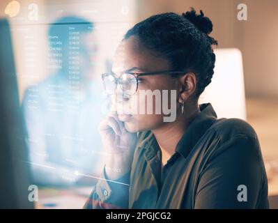 Overlay, programming and coding with a black woman developer thinking while working on a ux, ai or 3d interface. Computer, software and data with a Stock Photo