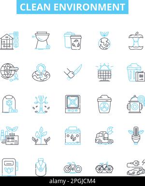 Clean environment vector line icons set. Environment, Cleanliness, Pollution, Conservation, Reuse, Recycle, Renewable illustration outline concept Stock Vector