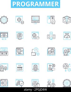 Programmer vector line icons set. Developer, Coder, Engineer, Technician, Analyst, Designer, Hacker illustration outline concept symbols and signs Stock Vector