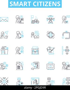 Smart citizens vector line icons set. Smart, Citizens, Intelligent, Knowledgeable, Literate, Skilled, Educated illustration outline concept symbols Stock Vector