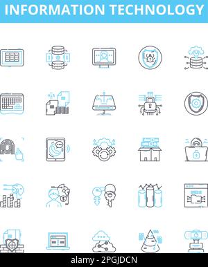 Information technology vector line icons set. IT, Computers, Software, Networking, Data, Security, Automation illustration outline concept symbols and Stock Vector