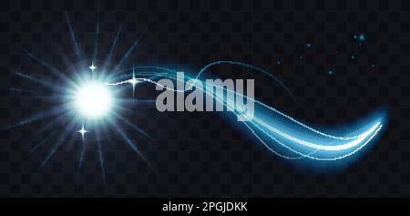 Blue neon comet with luminous trail of wave shape and glowing light effect vector illustration. Abstract curves and swirls of magic speed motion in space, glow and sparkle of flying star with tail Stock Vector