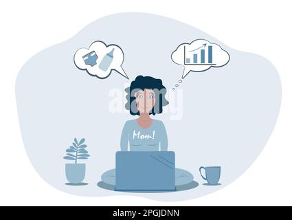 Woman, working mom. Priorities of women in motherhood and career. Freelancer woman working at home with a child. Mothers Day. Work during motherhood Stock Vector