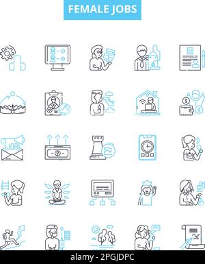 Female jobs vector line icons set. Nurse, Teacher, Engineer, Receptionist, Doctor, Lawyer, Administrator illustration outline concept symbols and Stock Vector