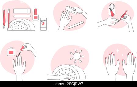 Steps of manicure and nail polish line icons set vector illustration. Hand drawn outline female hands using nail file and cuticle remover, painting fingernails, drying under UV lamp in salon or home Stock Vector