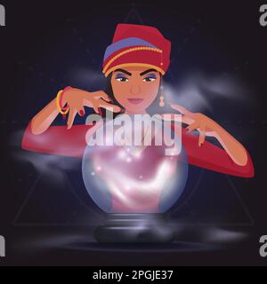 Gypsy fortune teller with magic crystal ball vector illustration. Cartoon girl oracle character telling of destiny and fate from magicians orb with aura and smoke light effect on dark background Stock Vector