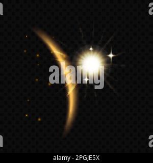 Golden luminous eclipse in dark space vector illustration. Abstract curve planet edge with glowing light effect, flare sparkles and burst of beams on orbit from sun, magic explosion in universe Stock Vector