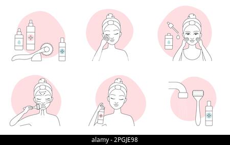 Dermaroller massage guide, microneedling thin line icons set vector illustration. Outline skincare infographic collection with girls clean face, apply serum, massage skin with microneedles of roller Stock Vector