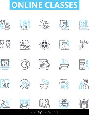 Online classes vector line icons set. Online, Classes, Learning, eLearning, Remote, Virtual, Webinars illustration outline concept symbols and signs Stock Vector