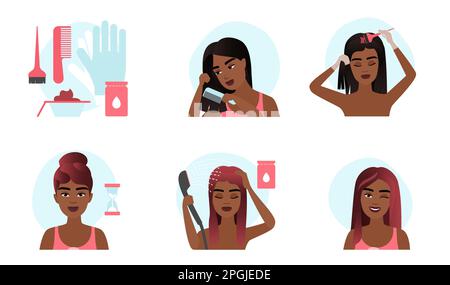 Cartoon steps of hair coloring process for woman at home, dark skin girls with gloves and brush, professional diy tools change hair color to red. How to dye your hair at home vector illustration. Stock Vector