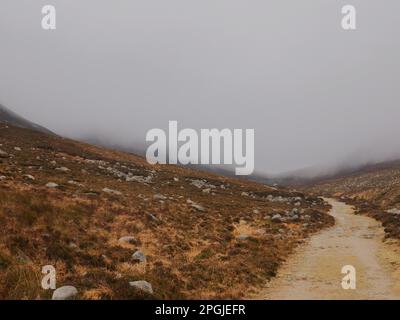 A long, dusty dirt road stretches across a vast, desolate plain Stock Photo