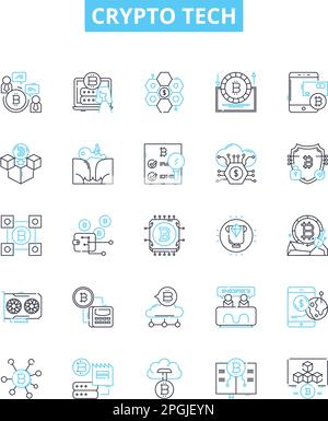 Crypto tech vector line icons set. Cryptocurrency, Blockchain, Mining, Security, Trading, Exchange, Algorithm illustration outline concept symbols and Stock Vector