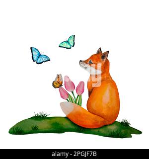 Little cute fox cub with butterflies and flowers, watercolor illustration. Hand painted isolated cartoon character fox cub on white background. Stock Photo