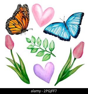 Set of watercolor illustrations on the theme of spring: tulips, butterflies, leaves, watercolor hearts on a white background. Pictures for design gree Stock Photo