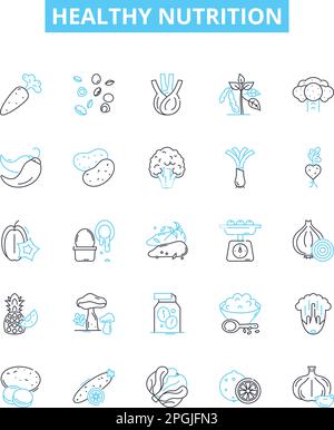 Healthy nutrition vector line icons set. Nutrition, Healthy, Diet, Balanced, Vegetables, Fruits, Grains illustration outline concept symbols and signs Stock Vector