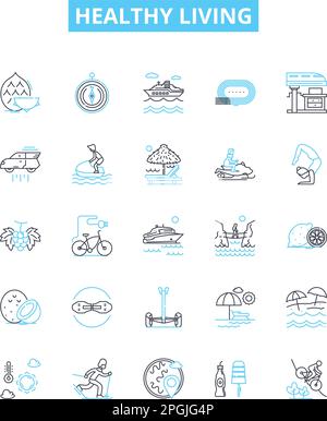 Healthy living vector line icons set. Nutrition, Exercise, Hydration, Sleep, Stress, Meditation, Immunity illustration outline concept symbols and Stock Vector