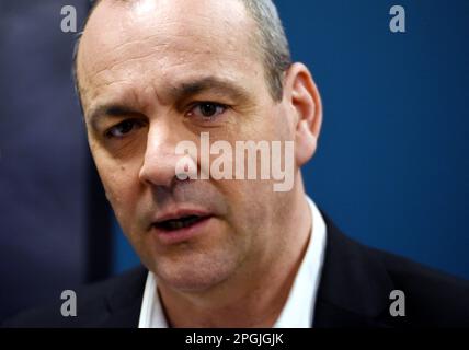 Paris, France. 23rd Mar, 2023. Laurent Berger is interviewed by Apolline de Malherbe on RMC/BFMTV in Paris, France on March 23, 2023 Photo by Alain Apaydin/ABACAPRESS.COM Credit: Abaca Press/Alamy Live News Stock Photo