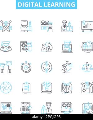 Digital learning vector line icons set. Digital, Learning, eLearning, Online, Technology, Course, Online-Learning illustration outline concept symbols Stock Vector