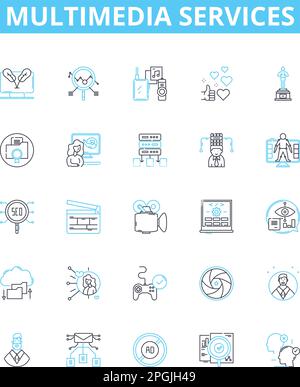 multimedia services vector line icons set. Multimedia, Services, Audio, Video, Animation, Messaging, Streaming illustration outline concept symbols Stock Vector