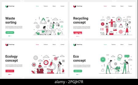Garbage sorting and recycling, environmental protection, zero waste set vector illustration. Cartoon tiny people collect garbage in bags to clean nature, grow farm plants, manage reusable trash Stock Vector