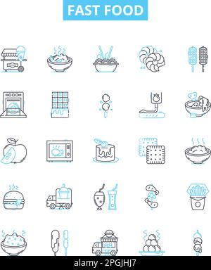 Fast food vector line icons set. Fast-food, Junk-food, Drive-thru, Takeout, Burger, Fries, Pizza illustration outline concept symbols and signs Stock Vector