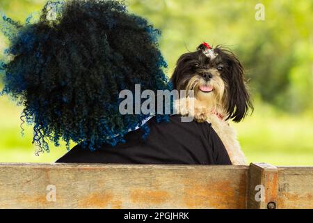 Goiania, Goias, Brazil – March 20, 2023: Photo of a young woman, from the back, sitting on a bench with a shitzu puppy in her lap. Stock Photo