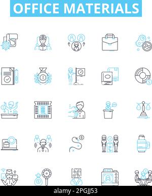 Office materials vector line icons set. Stationery, Furniture, Supplies, Printer, Ink, Paper, Desk illustration outline concept symbols and signs Stock Vector