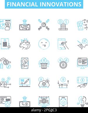 Financial innovations vector line icons set. Investment, Lending, Crowdfunding, Banking, Payments, Insurtech, Cryptocurrency illustration outline Stock Vector