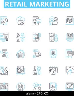 Retail marketing vector line icons set. Retailing, Merchandising, Advertising, Promoting, Selling, Branding, Targeting illustration outline concept Stock Vector