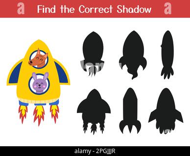 Find the correct shadow matching game with cute dog and rabbit in a rocket. Space activity page Stock Vector
