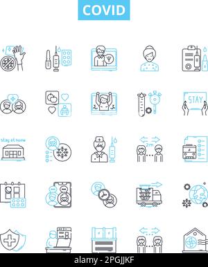 Covid vector line icons set. Covid, Pandemic, Virus, Coronavirus, Lockdown, Infection, Testing illustration outline concept symbols and signs Stock Vector